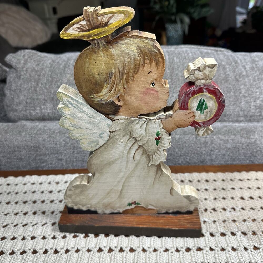 Vtg Handmade Wooden Child Angel with Christmas Tree Candy Holiday Decor 11.5"